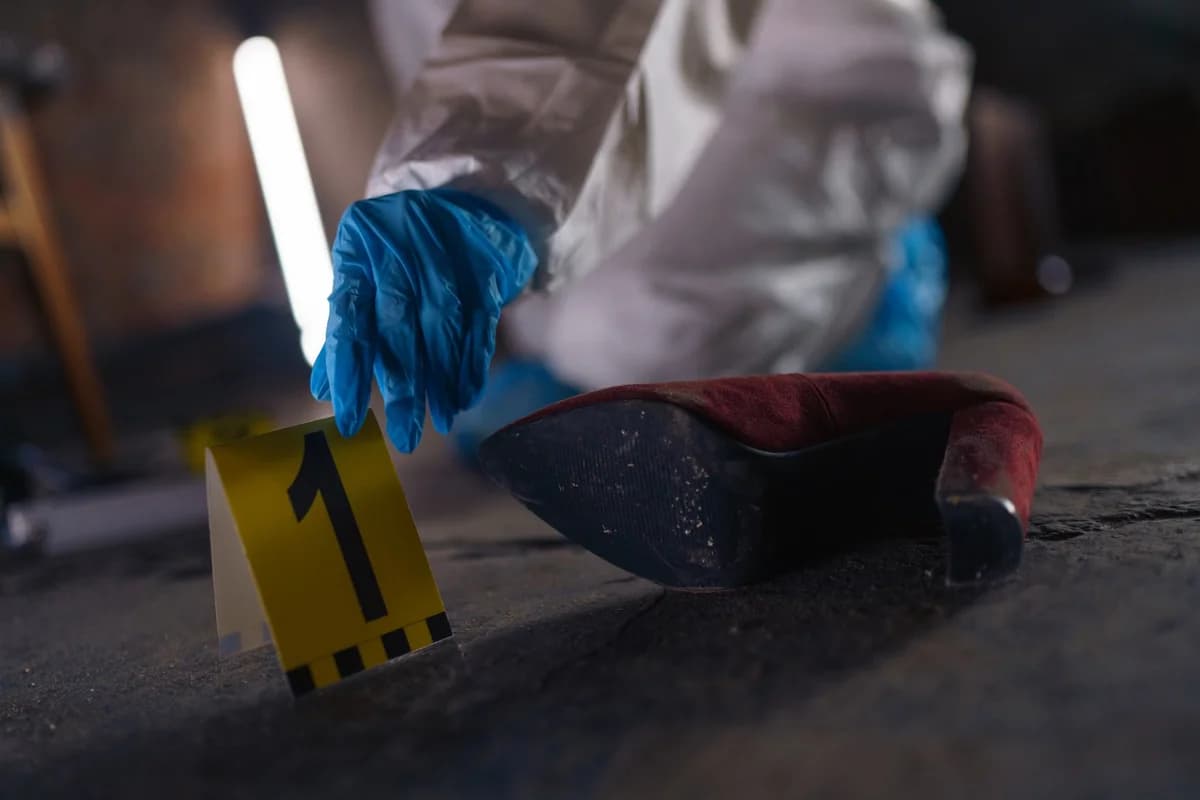 Red shoe at crime scene with evidence marker number one