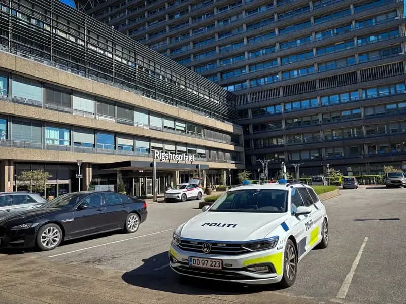 Danish police car parked outside Rigshospitalet hospital