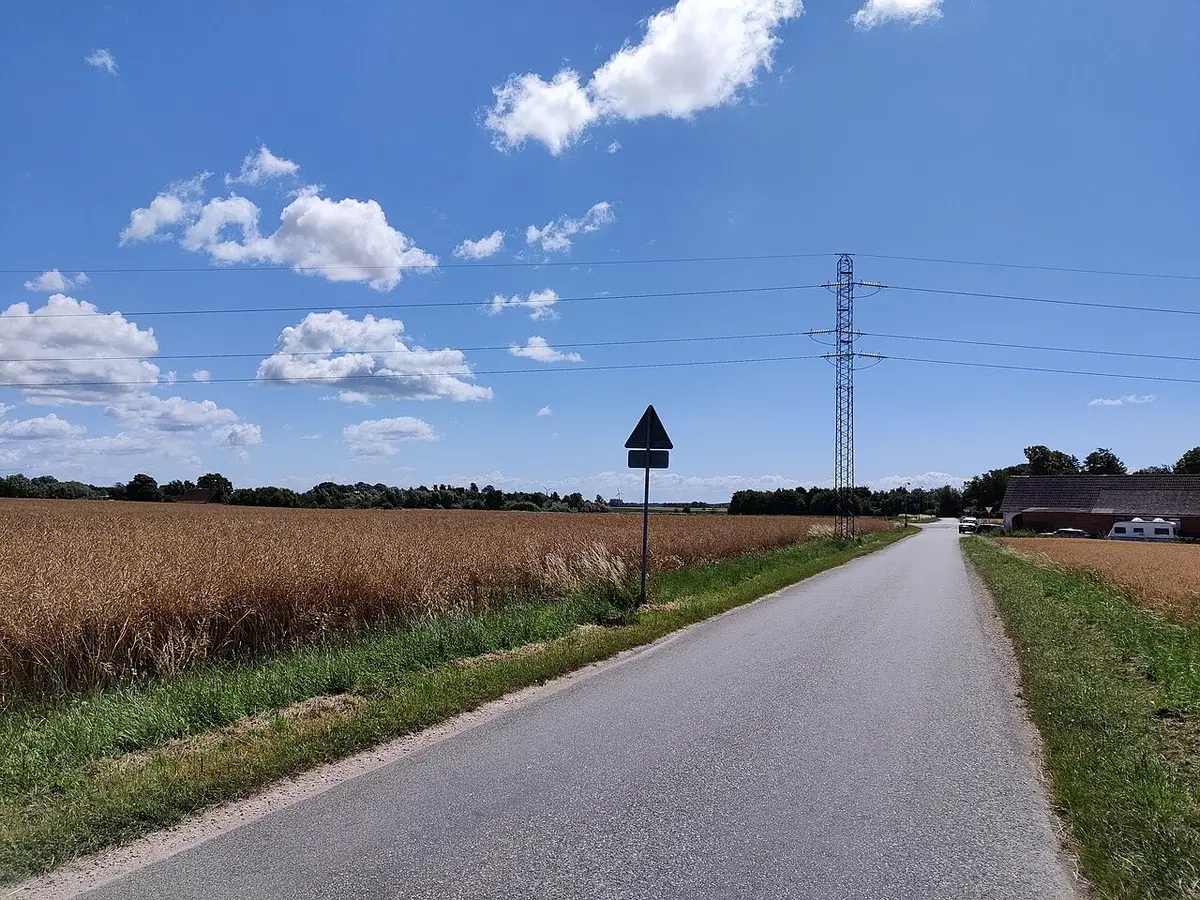 A rural road in Denmark beside fields under a blue sky with clouds.