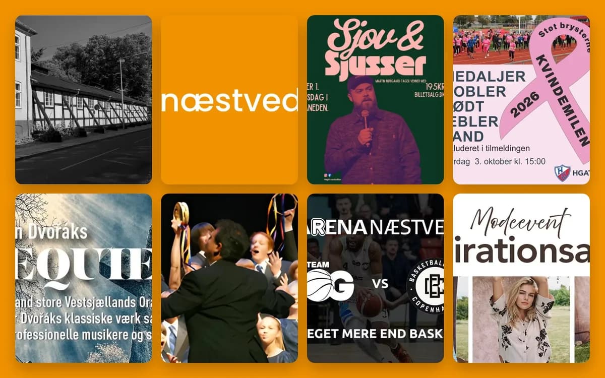A grid collage of posters, photos, and event graphics on an orange background.