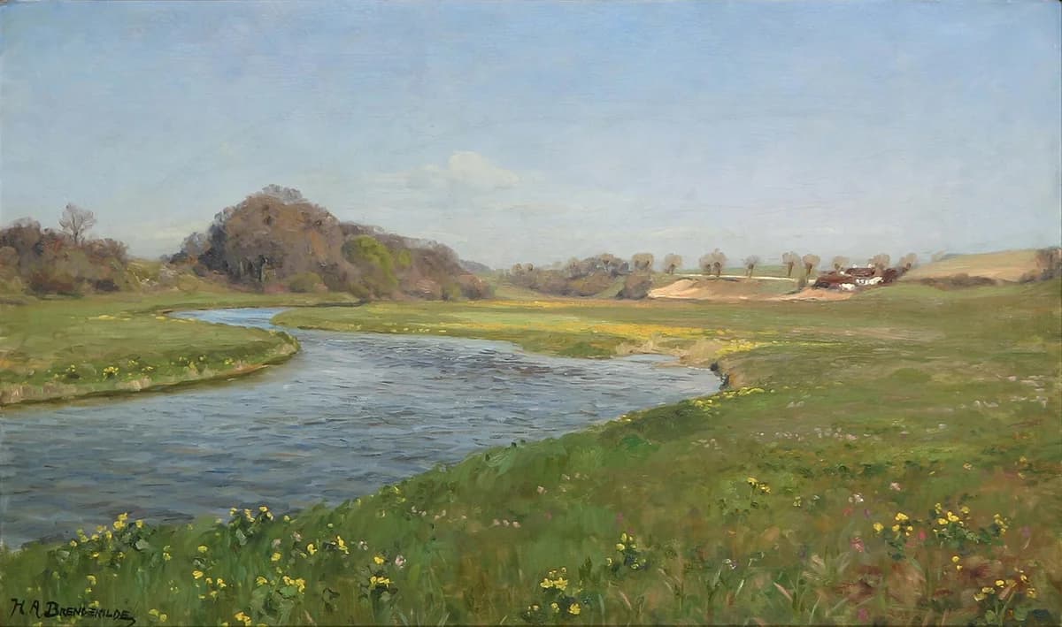 Landscape painting of a river curving through grassy countryside.