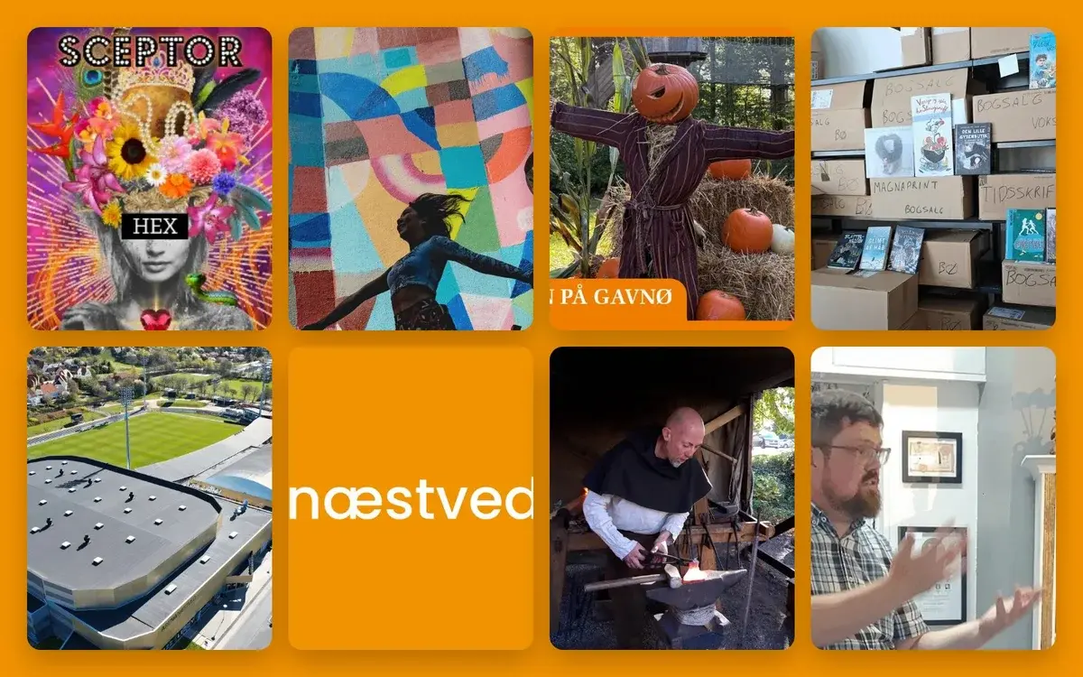 A collage of colorful photos and text panels on an orange background.
