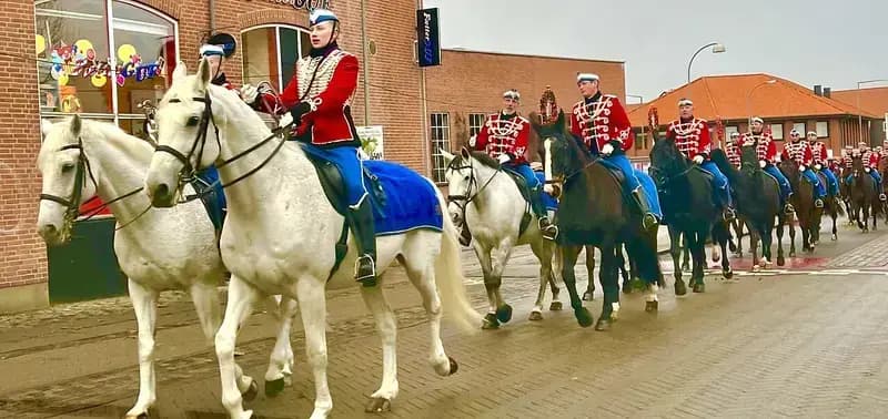 Mounted guards on white and black horses in ceremonial uniforms on a street