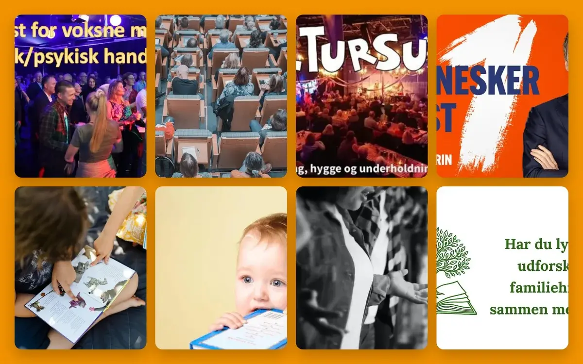 A collage of event photos and promotional graphics on an orange background.
