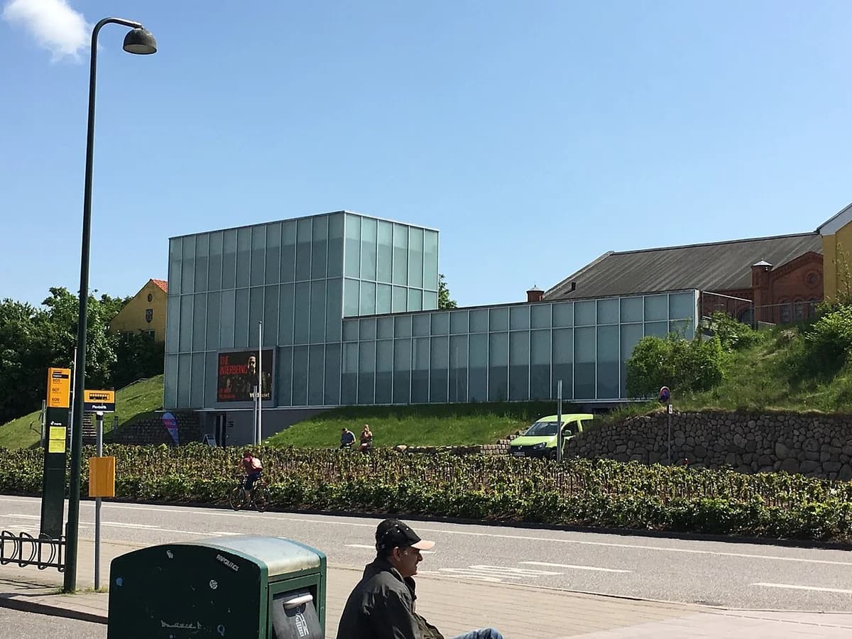 Modern theatre building seen from across the street in Næstved.
