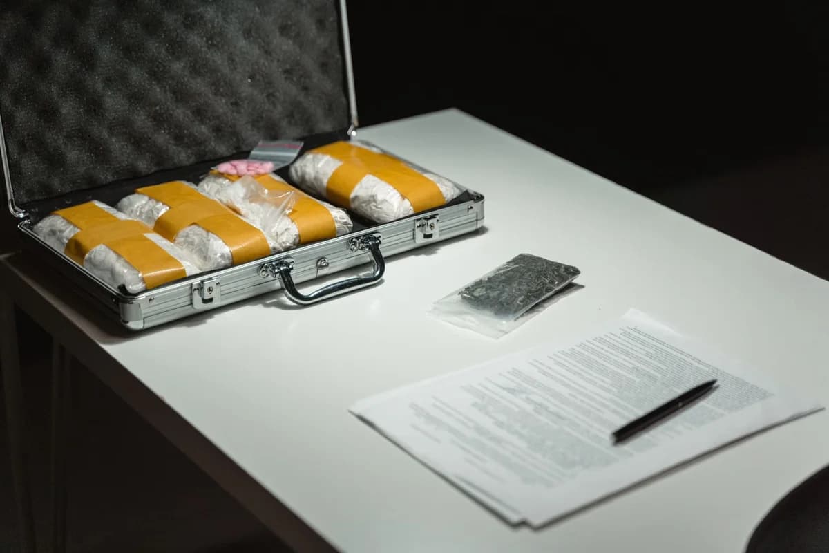 Open briefcase with wrapped packages, documents, and pen on table