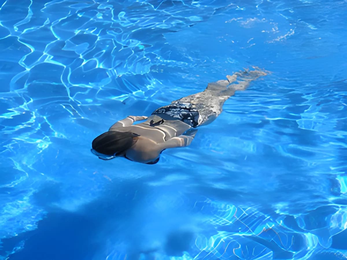 woman floating face-down in swimming pool