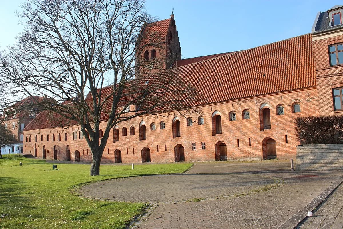 Historic brick buildings in Næstved with a church tower in the background.